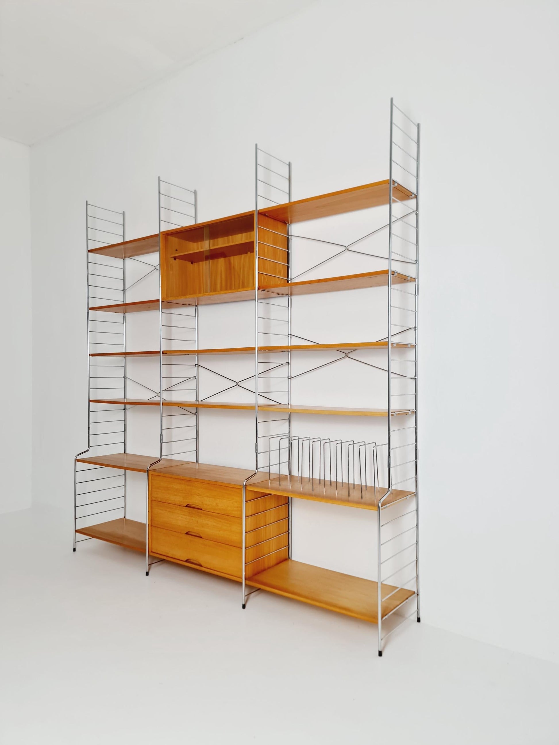 Mid century String shelf-system, bookcase with Record cabinet Ash wood by WHB Germany, 1950s