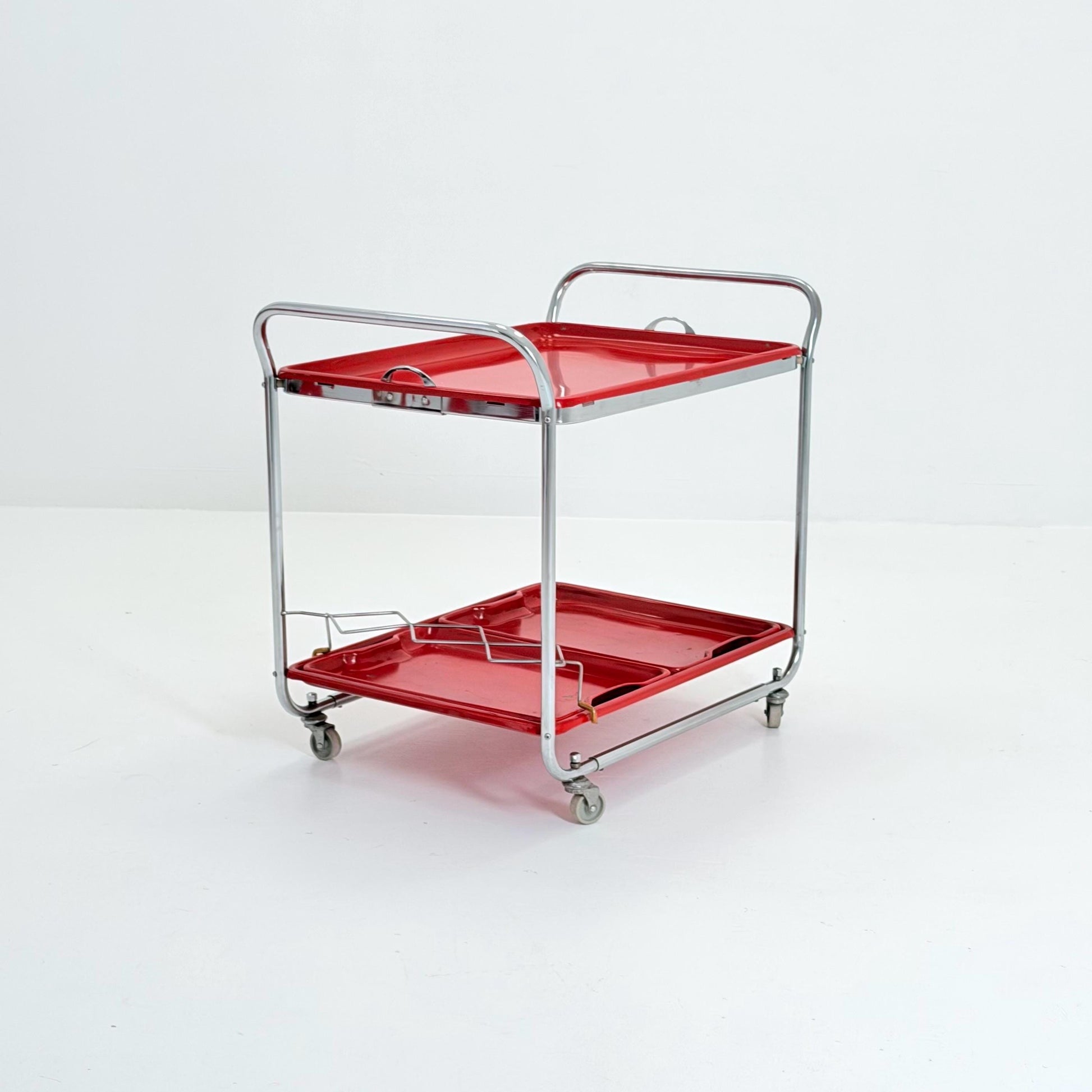 Rare Mid Century Red Metal Bar Trolley by Orck Germany 1980s | Chrome Tea Cart | Iconic MCM Serving Trolley