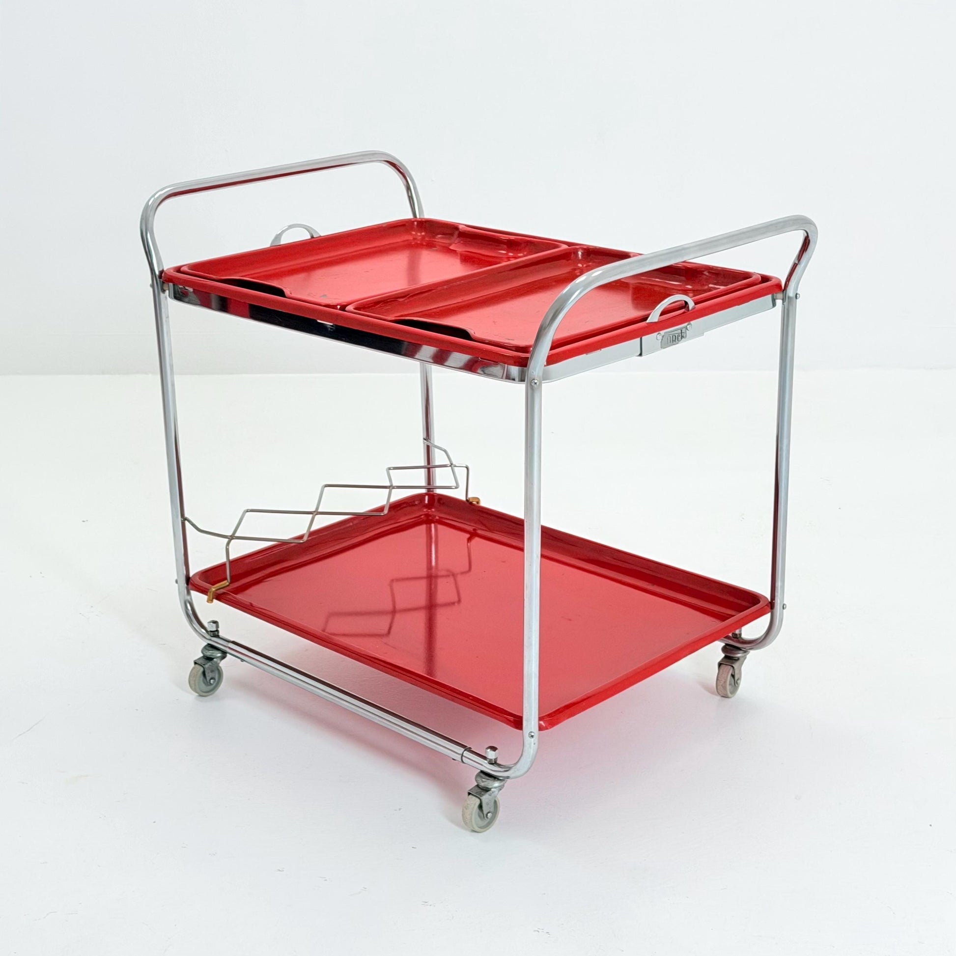 Rare Mid Century Red Metal Bar Trolley by Orck Germany 1980s | Chrome Tea Cart | Iconic MCM Serving Trolley