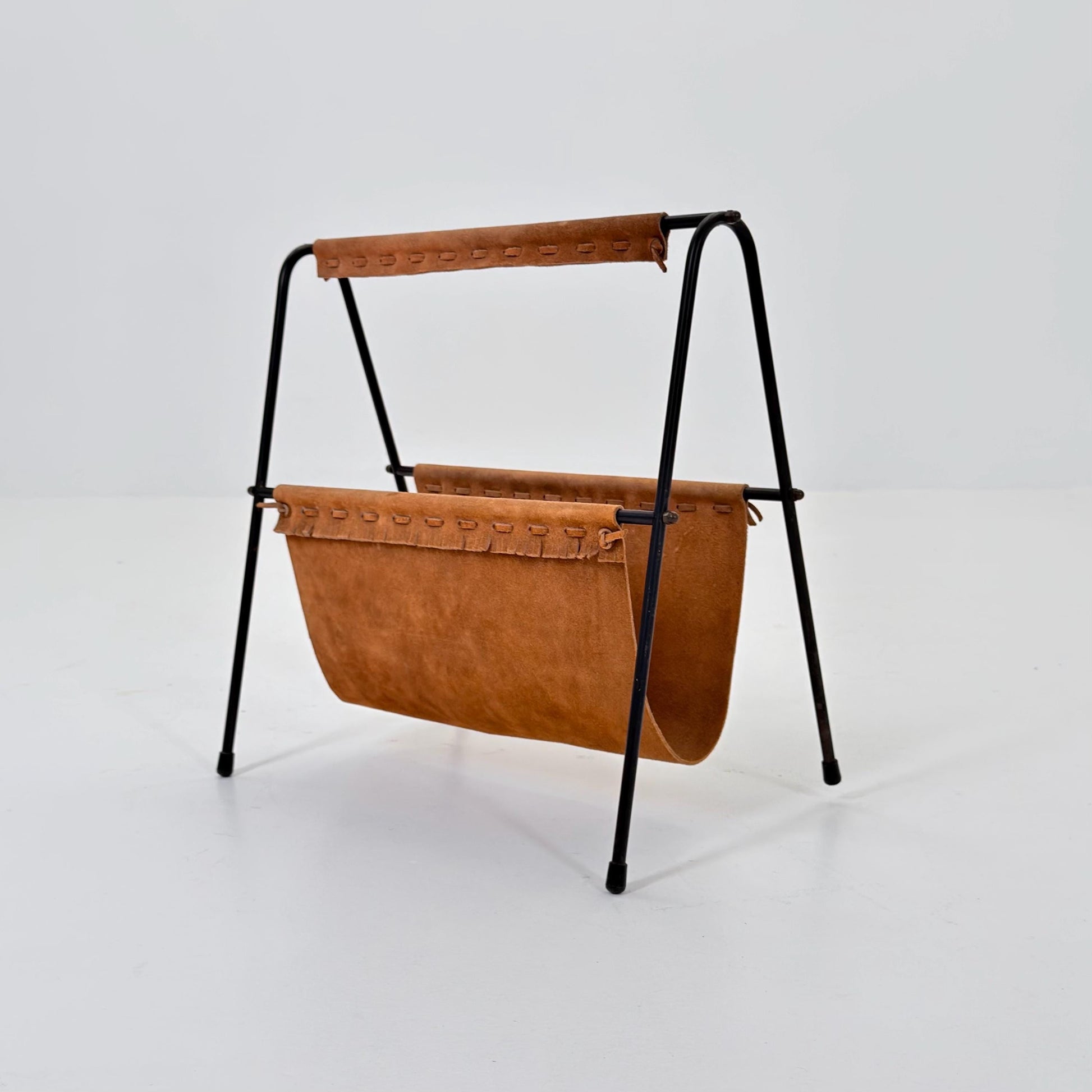 Mid Century Modern Magazine Holder 1960s | Leather & Metal Magazine Rack | Vintage German Design