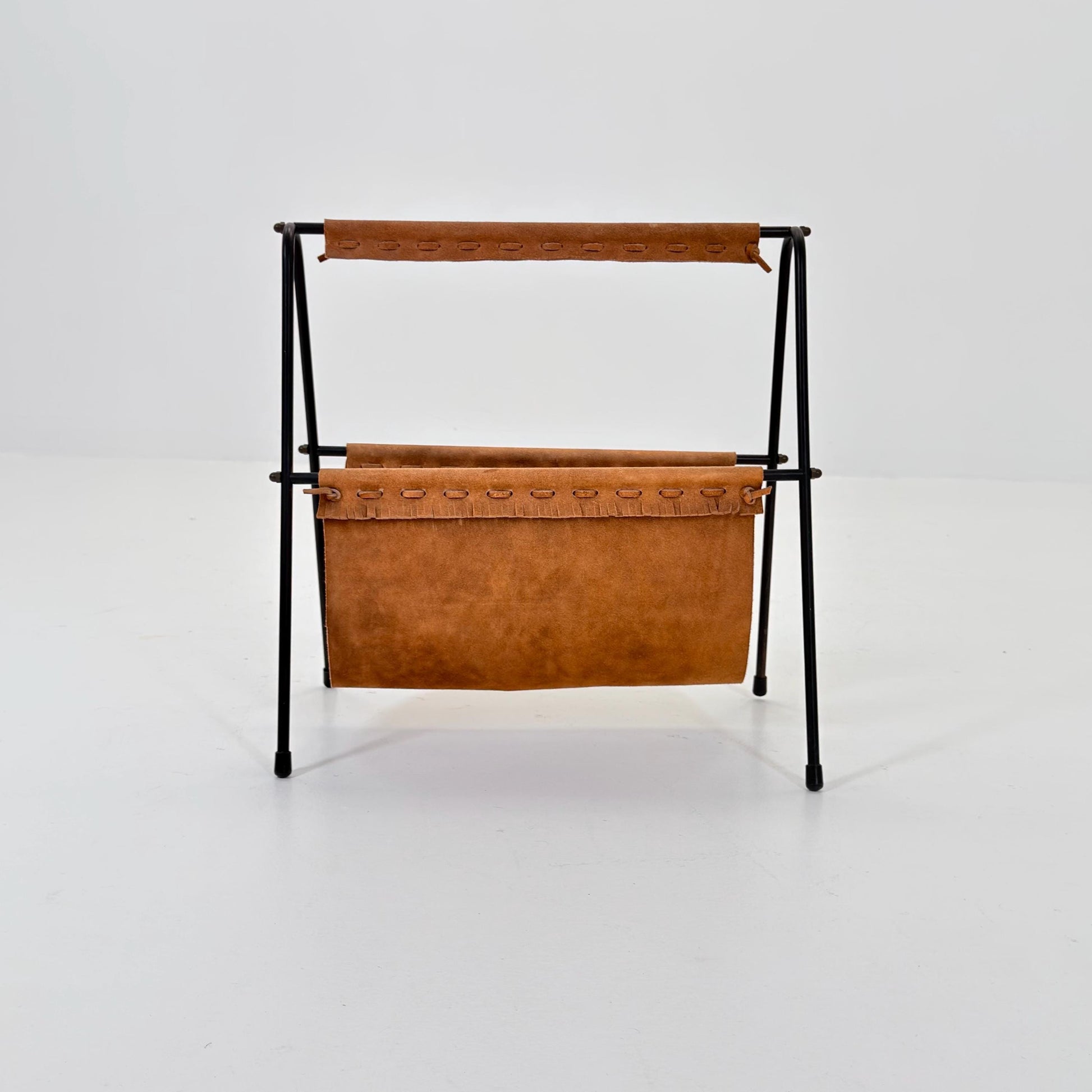 Mid Century Modern Magazine Holder 1960s | Leather & Metal Magazine Rack | Vintage German Design