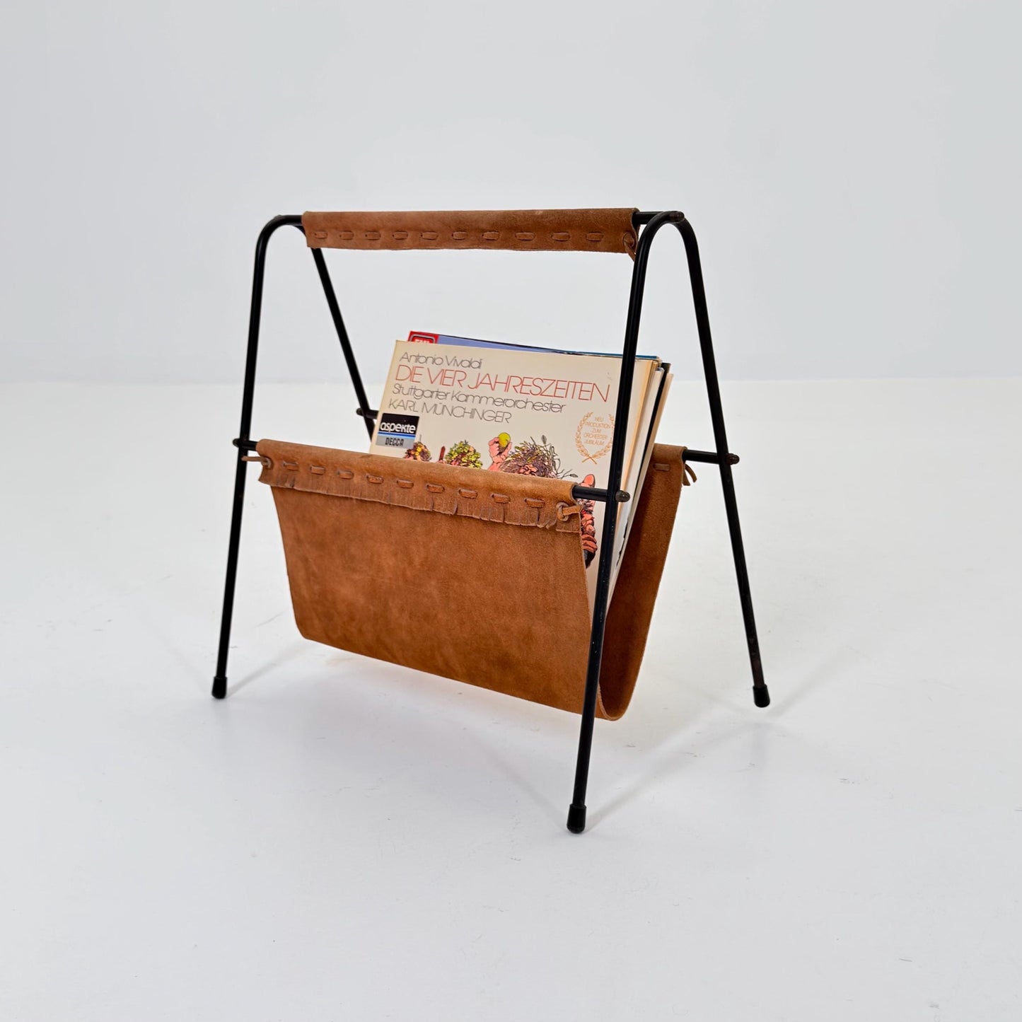 Mid Century Modern Magazine Holder 1960s | Leather & Metal Magazine Rack | Vintage German Design