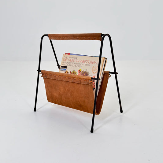 Mid Century Modern Magazine Holder 1960s | Leather & Metal Magazine Rack | Vintage German Design