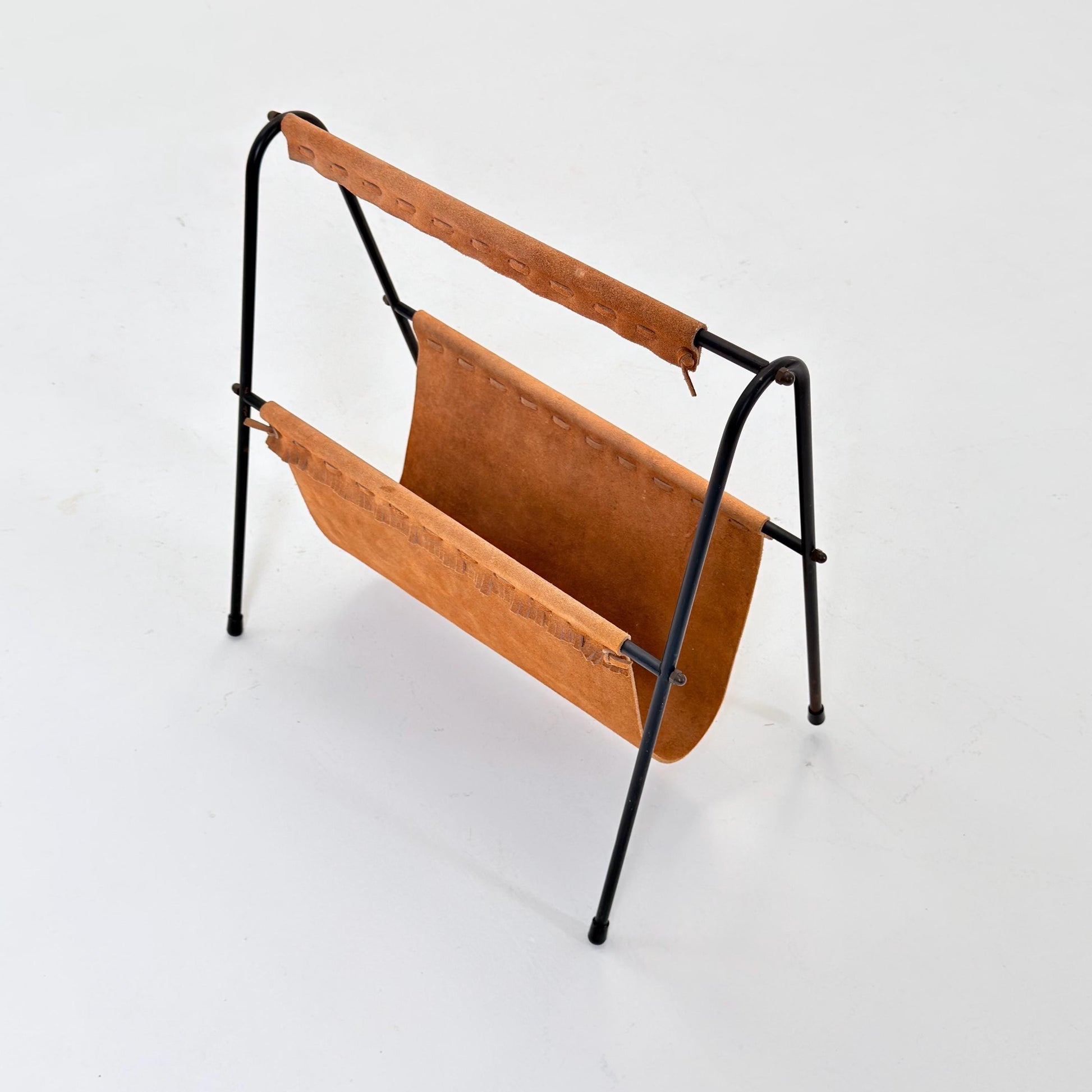 Mid Century Modern Magazine Holder 1960s | Leather & Metal Magazine Rack | Vintage German Design