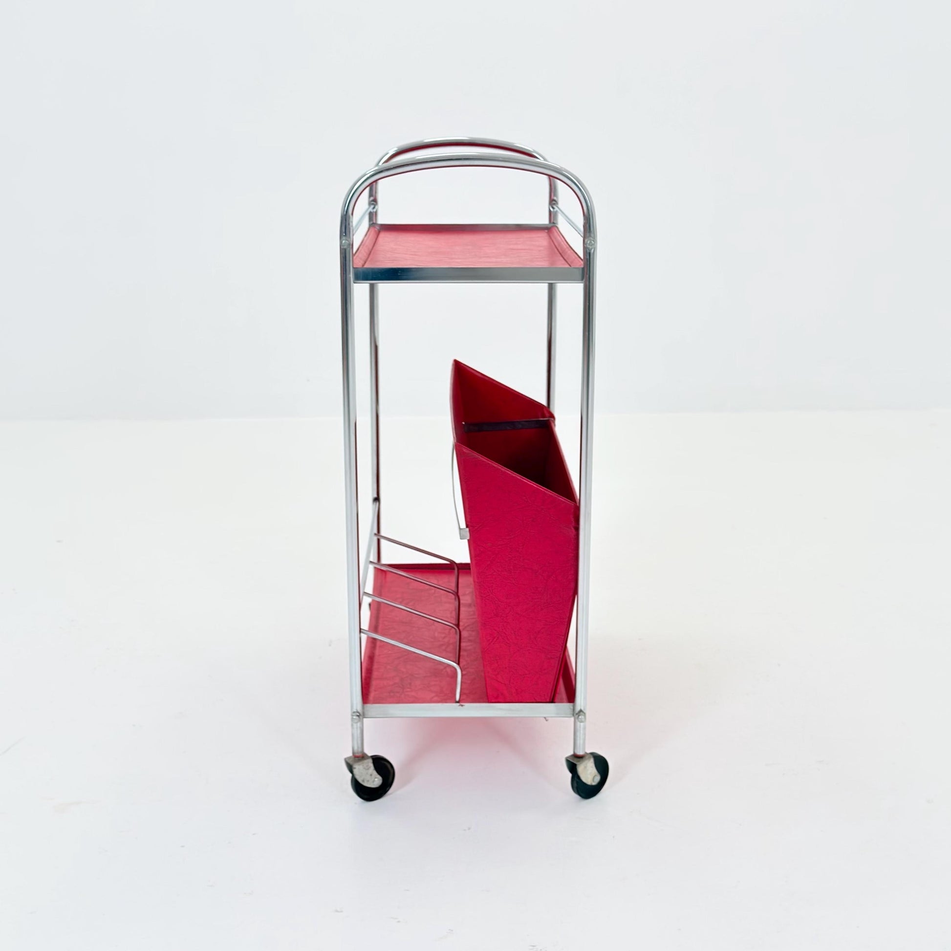 Mid century Bauhaus Rolling magazine holder - bar cart - side table chrome and red vinyl -1980s Germany