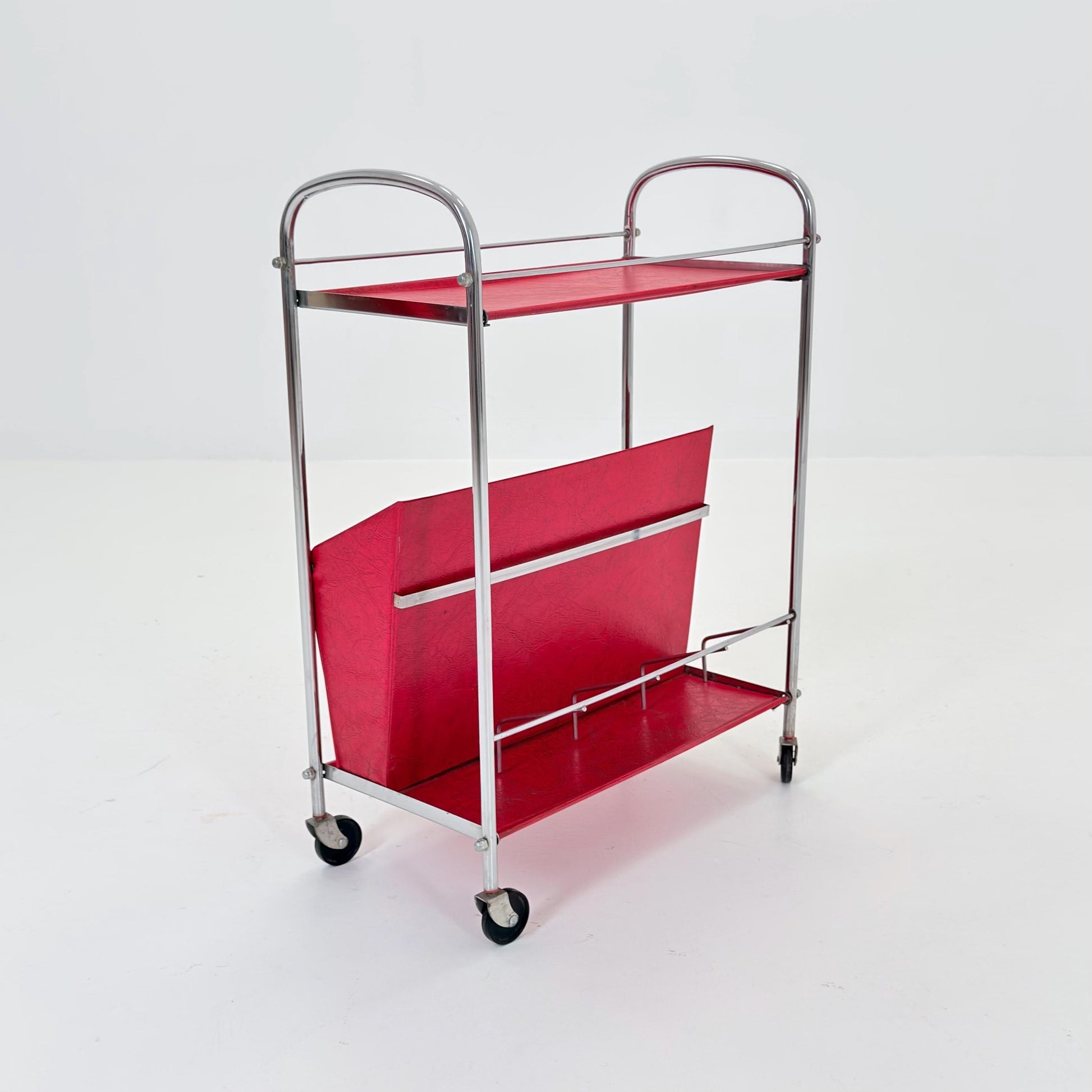 Mid century Bauhaus Rolling magazine holder - bar cart - side table chrome and red vinyl -1980s Germany