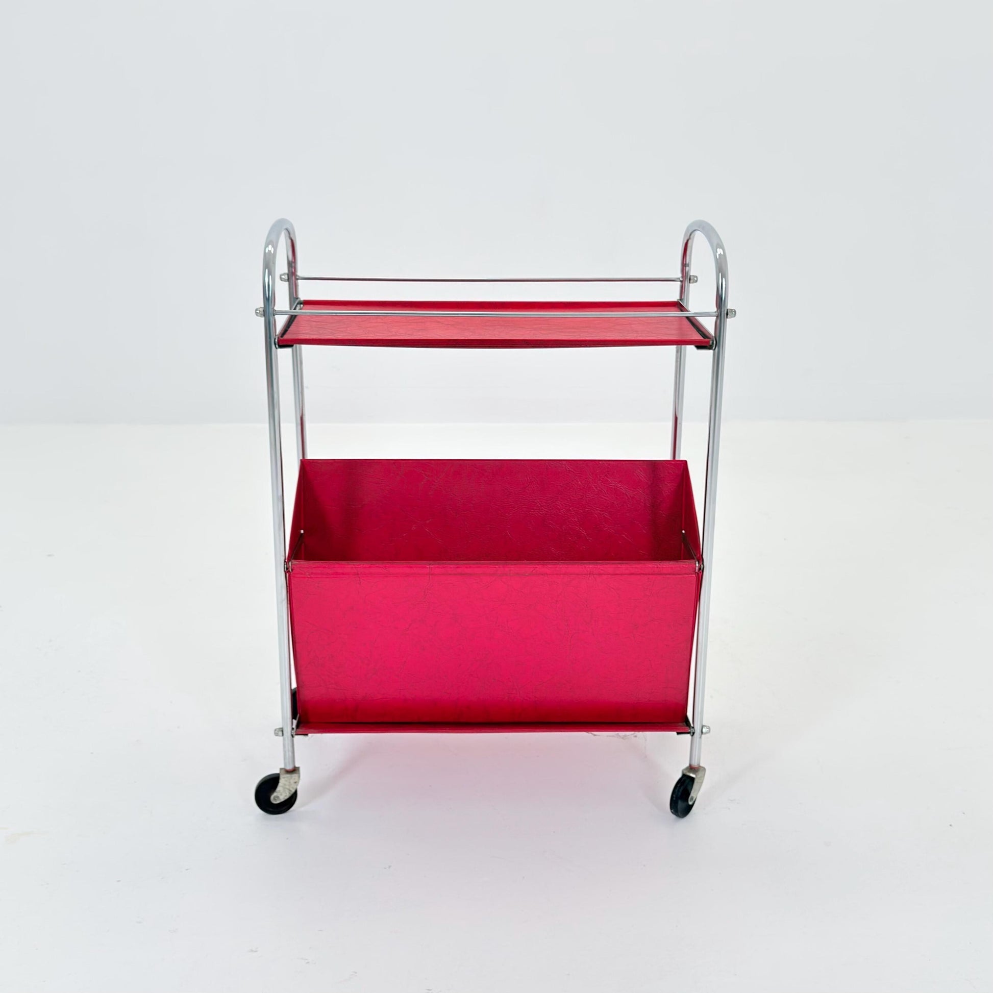 Mid century Bauhaus Rolling magazine holder - bar cart - side table chrome and red vinyl -1980s Germany