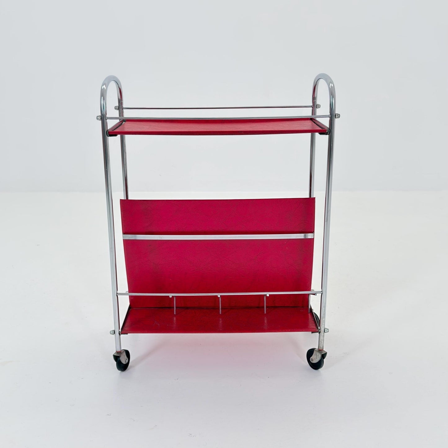 Mid century Bauhaus Rolling magazine holder - bar cart - side table chrome and red vinyl -1980s Germany