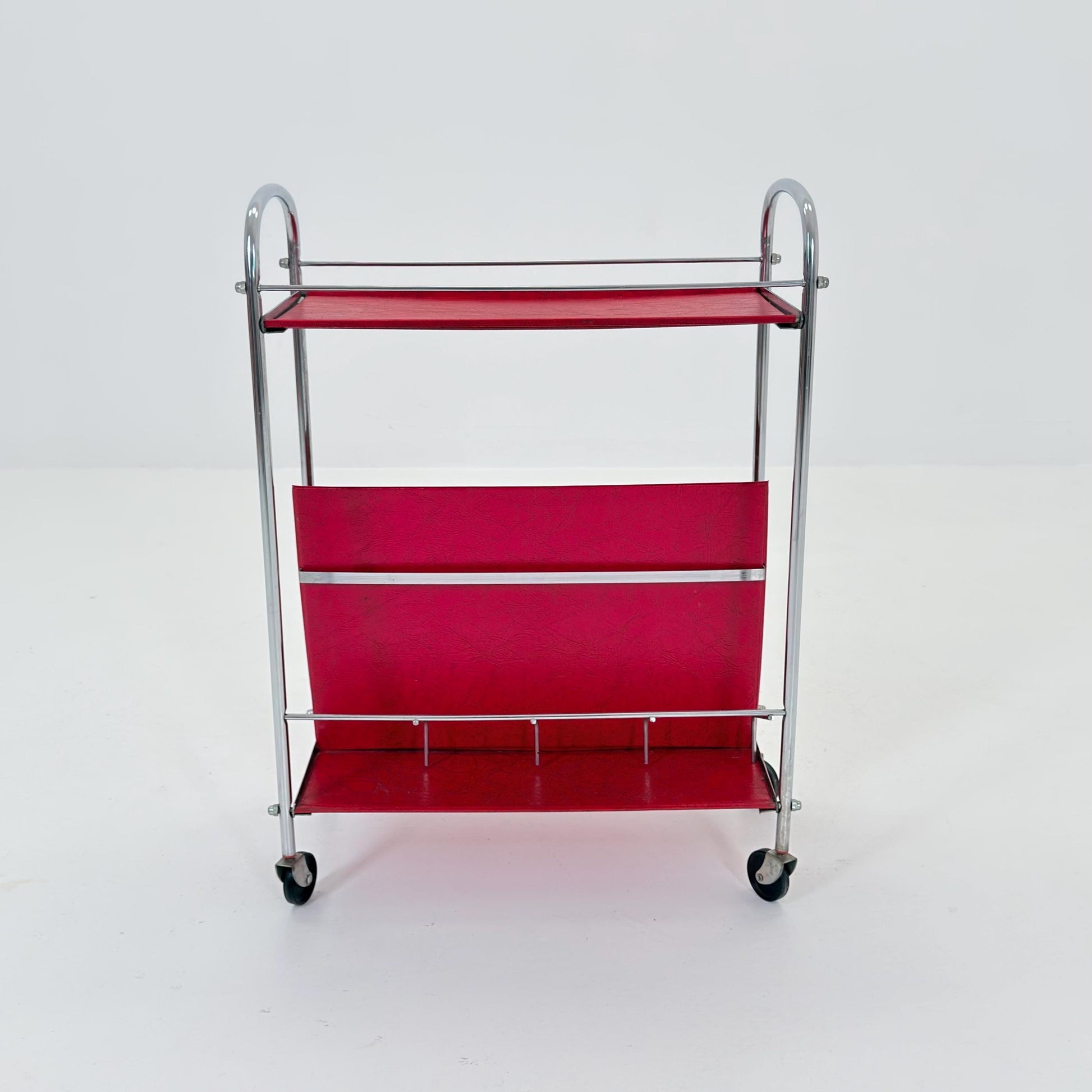 Mid century Bauhaus Rolling magazine holder - bar cart - side table chrome and red vinyl -1980s Germany