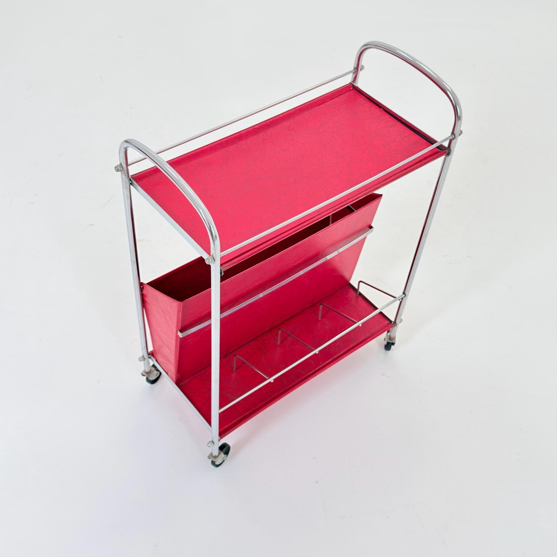 Mid century Bauhaus Rolling magazine holder - bar cart - side table chrome and red vinyl -1980s Germany