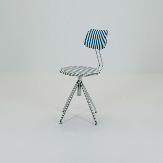 Mid Century Modern 1950s Adjustable Kitchen Chair | Chrome Frame | Blue & White Striped Vinyl | Vintage Industrial Stool
