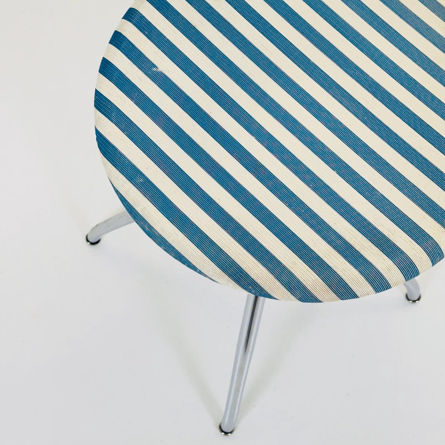 Mid Century Modern 1950s Adjustable Kitchen Chair | Chrome Frame | Blue & White Striped Vinyl | Vintage Industrial Stool