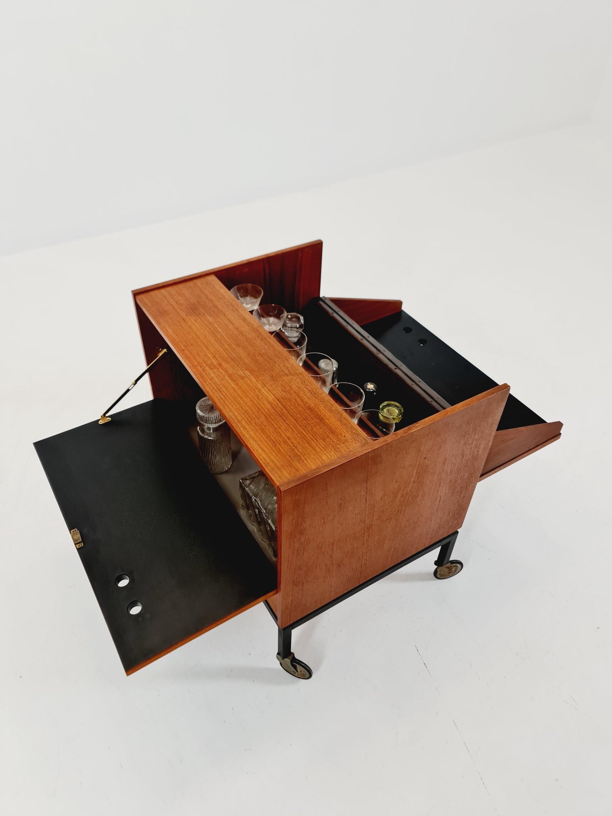 Super rare German mid century bar cart trolley in teak & Metal, By Else 1960s