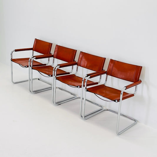 set of 4 Mid century Bauhaus Leather armchairs by Mart Stam & Marcel Breuer for Fasem, Italy 1985