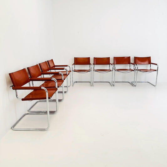 set of 8 Mid century Bauhaus Leather armchairs by Mart Stam & Marcel Breuer for Fasem, Italy 1985
