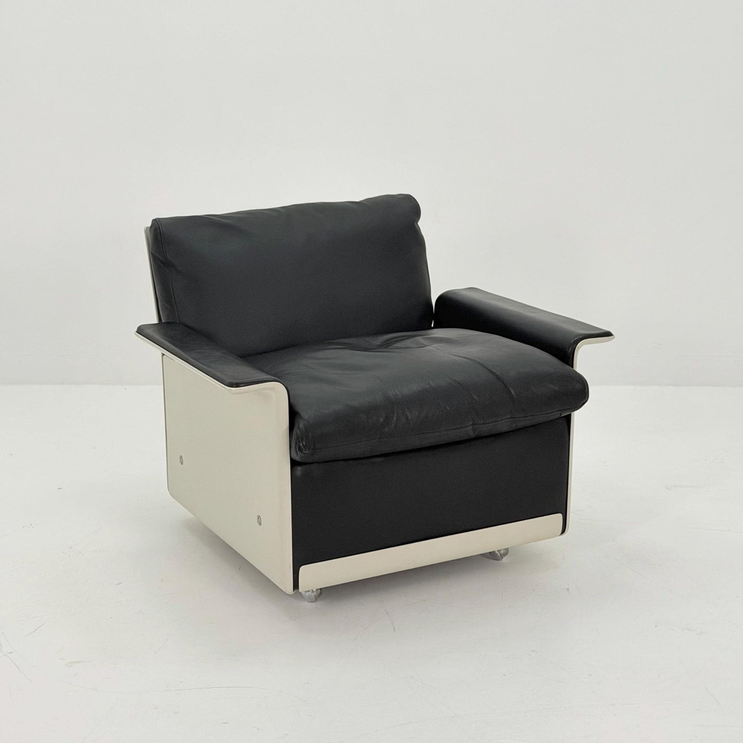 Rare Space Age Lounge Set 4-Piece by Dieter Rams Two Sofas, Armchair Ottoman | Original Black Leather 1960s Germany