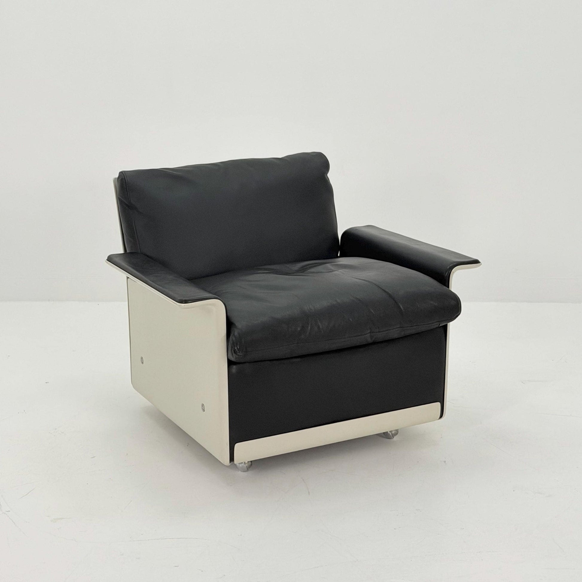 Rare Space Age Lounge Set 4-Piece by Dieter Rams Two Sofas, Armchair Ottoman | Original Black Leather 1960s Germany
