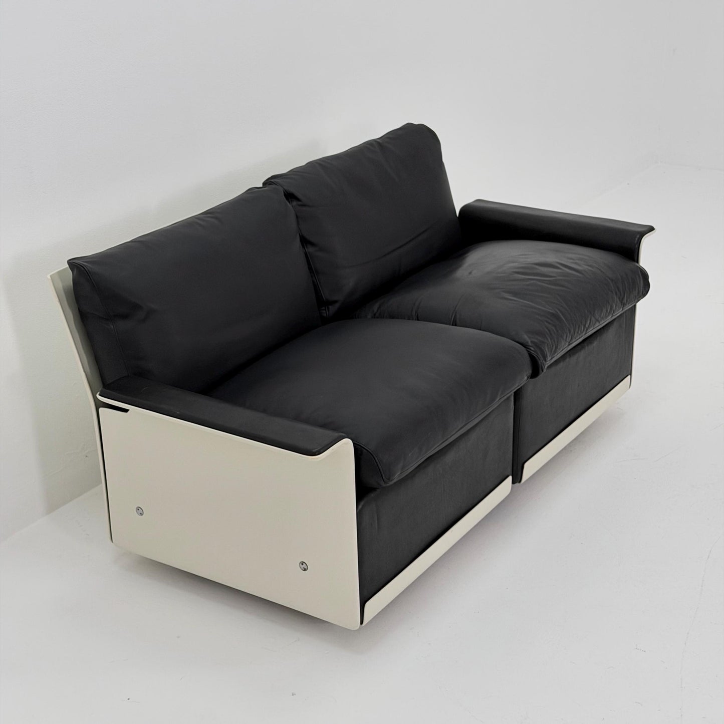 Rare Space Age Lounge Set 4-Piece by Dieter Rams Two Sofas, Armchair Ottoman | Original Black Leather 1960s Germany