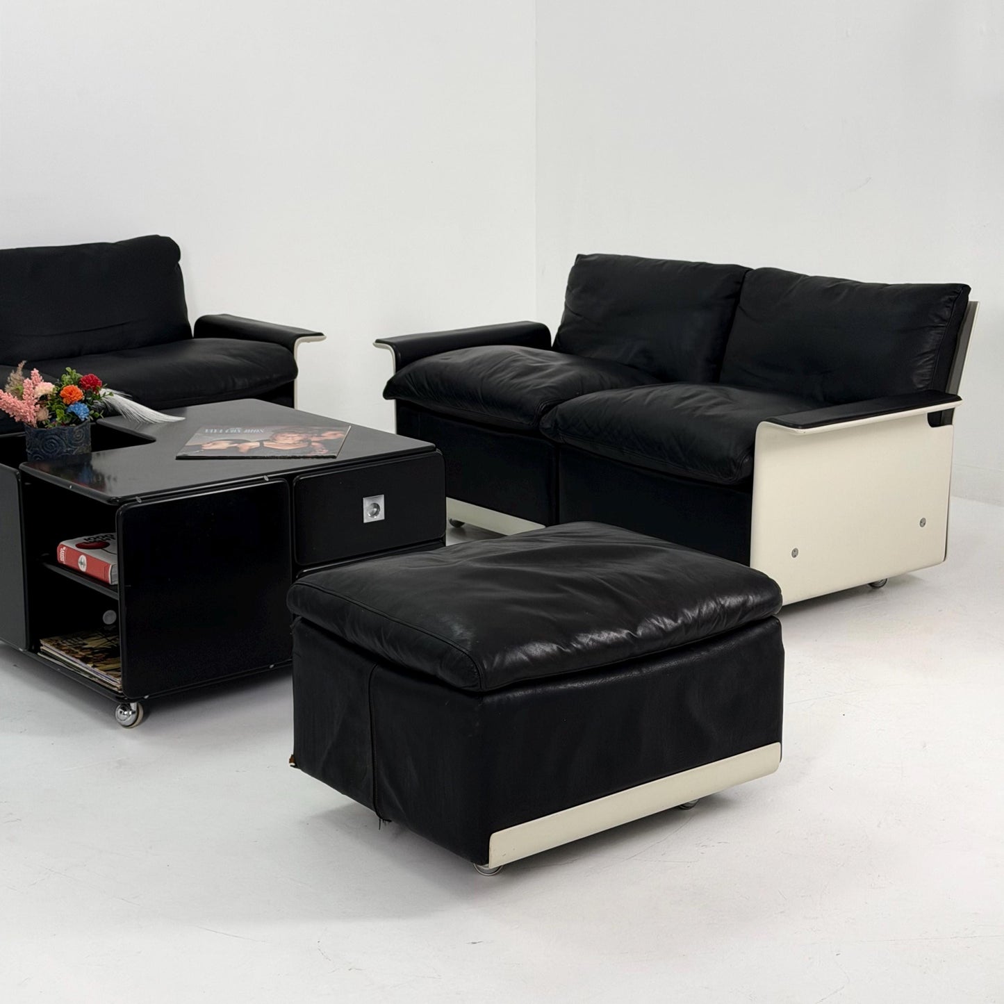 Rare Space Age Lounge Set 4-Piece by Dieter Rams Two Sofas, Armchair Ottoman | Original Black Leather 1960s Germany