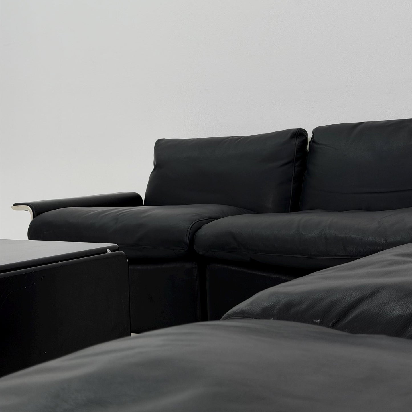 Rare Space Age Lounge Set 4-Piece by Dieter Rams Two Sofas, Armchair Ottoman | Original Black Leather 1960s Germany