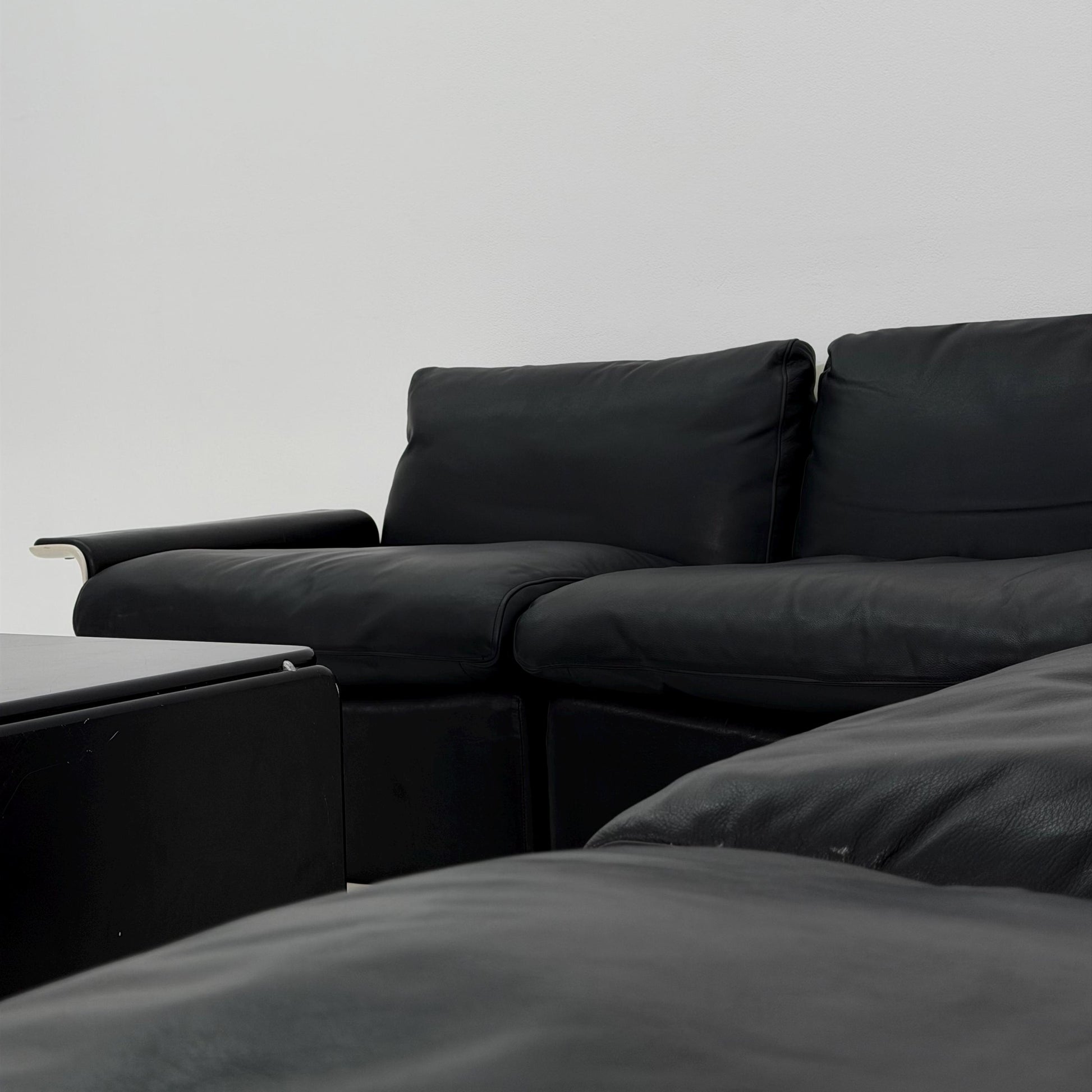Rare Space Age Lounge Set 4-Piece by Dieter Rams Two Sofas, Armchair Ottoman | Original Black Leather 1960s Germany