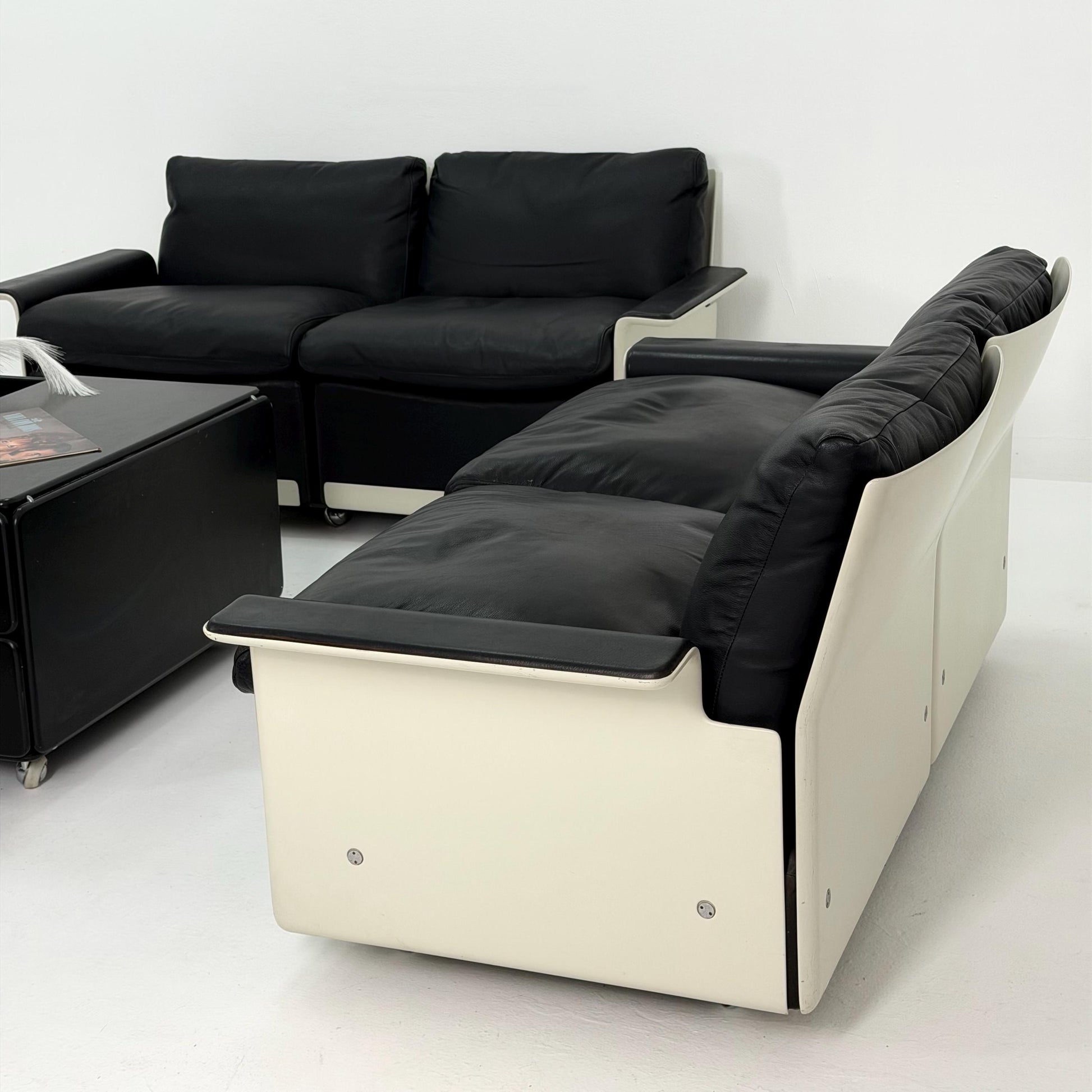 Rare Space Age Lounge Set 4-Piece by Dieter Rams Two Sofas, Armchair Ottoman | Original Black Leather 1960s Germany