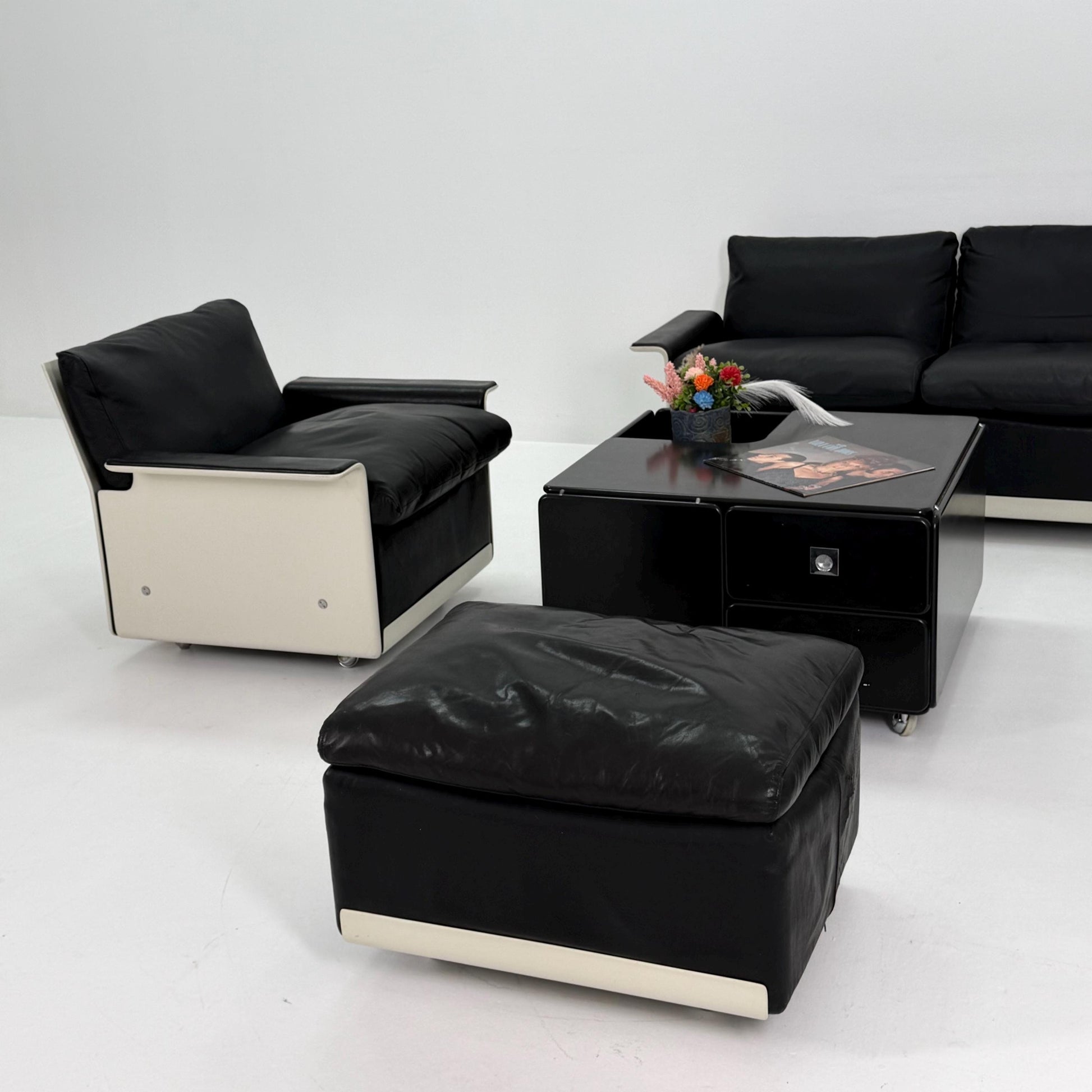 Rare Space Age Lounge Set 4-Piece by Dieter Rams Two Sofas, Armchair Ottoman | Original Black Leather 1960s Germany
