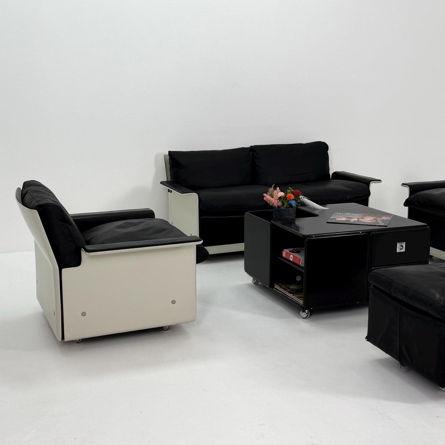 Rare Space Age Lounge Set 4-Piece by Dieter Rams Two Sofas, Armchair Ottoman | Original Black Leather 1960s Germany