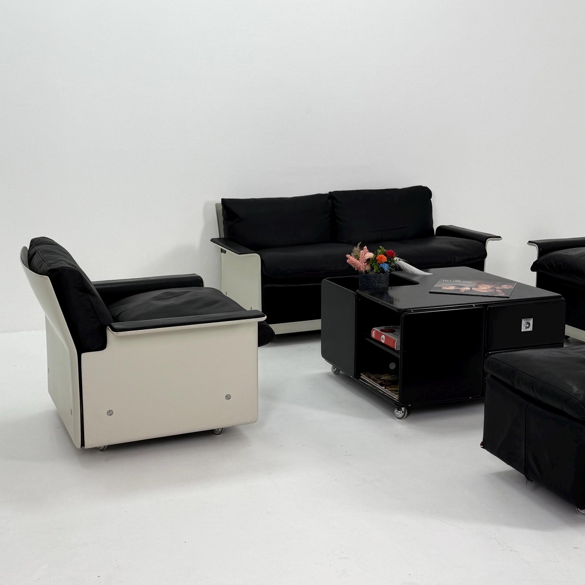 Rare Space Age Lounge Set 4-Piece by Dieter Rams Two Sofas, Armchair Ottoman | Original Black Leather 1960s Germany
