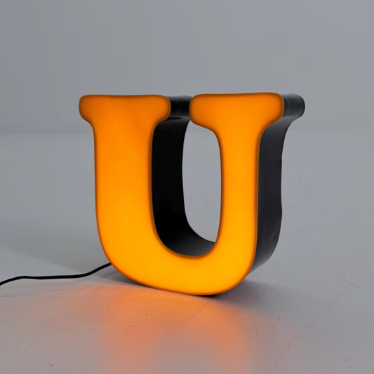 Mid century Illuminated Letter “U” – Orange Plexiglass & Metal Sign Germany 1980s