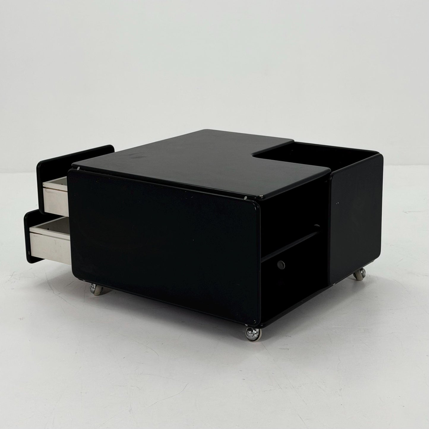 Rare Mid-Century Black Coffee Table by Tecta Germany | Bauhaus Design 1980s | Sliding Drawers on Wheels