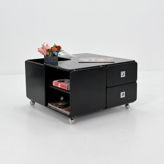 Rare Mid-Century Black Coffee Table by Tecta Germany | Bauhaus Design 1980s | Sliding Drawers on Wheels