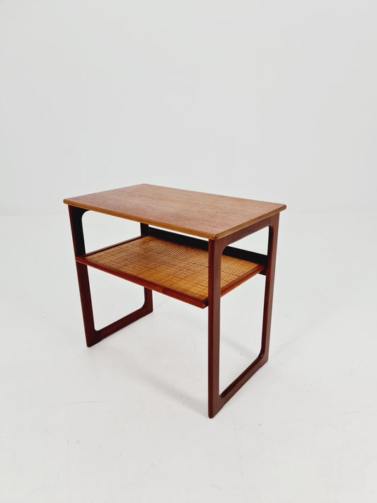 Danish nightstand / side table teak with rattan shelf , 1960s