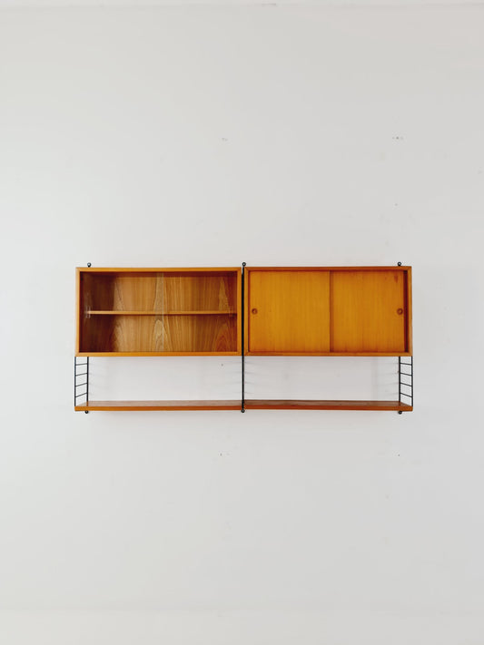 Wall-mounted original Swedish string shelf-system, drawers, bookcase teak by Nils & Kajsa Strinning, 1960s