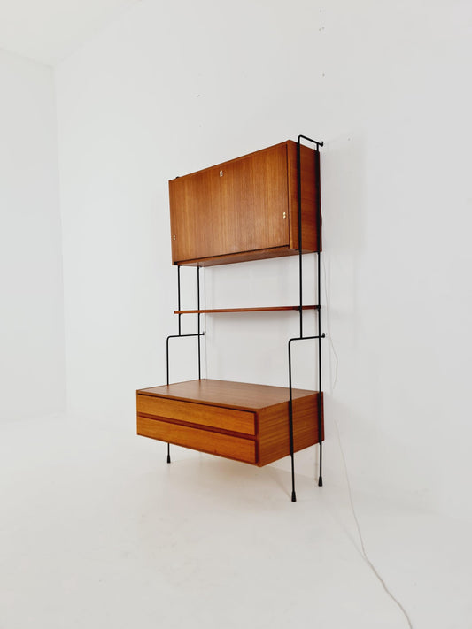 Rare Mid century Teak wall shelving inkl Bar unit by Hilker for Omnia, Germany, 1960s