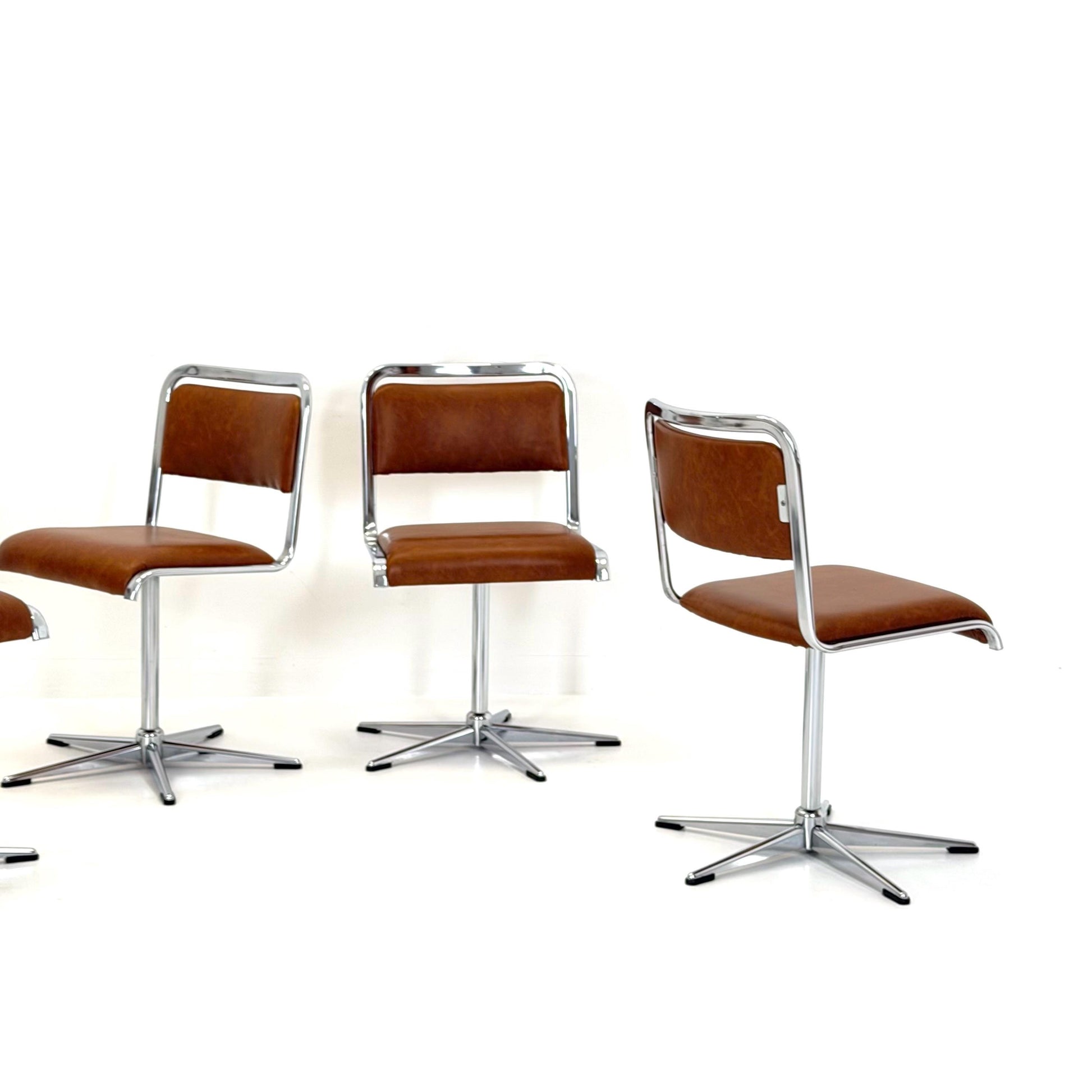 Set of 6 Mid-Century Space Age Swivel Dining Chairs by EKA, Chrome & Brown Leather, Germany 1970s