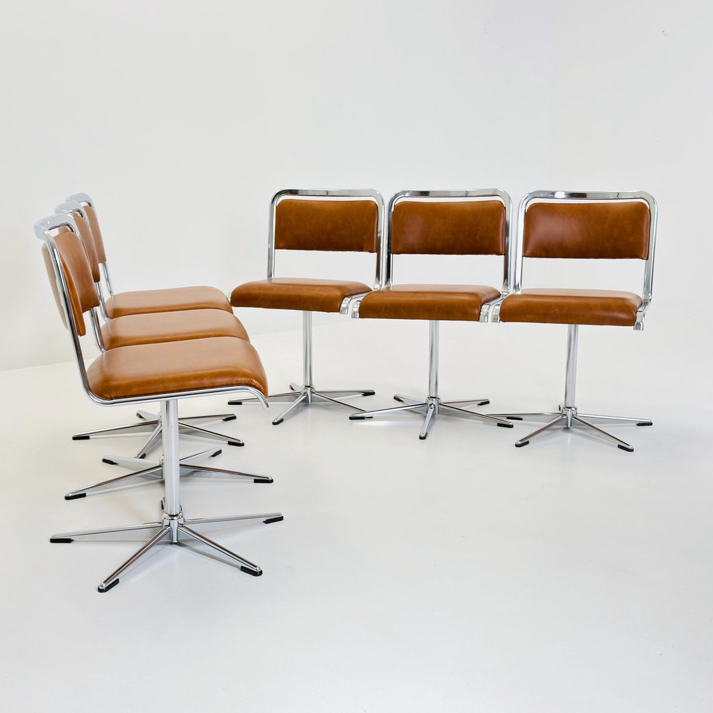 Set of 6 Mid-Century Space Age Swivel Dining Chairs by EKA, Chrome & Brown Leather, Germany 1970s