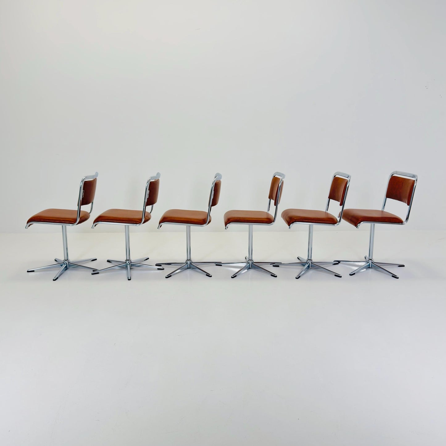 Set of 6 Mid-Century Space Age Swivel Dining Chairs by EKA, Chrome & Brown Leather, Germany 1970s