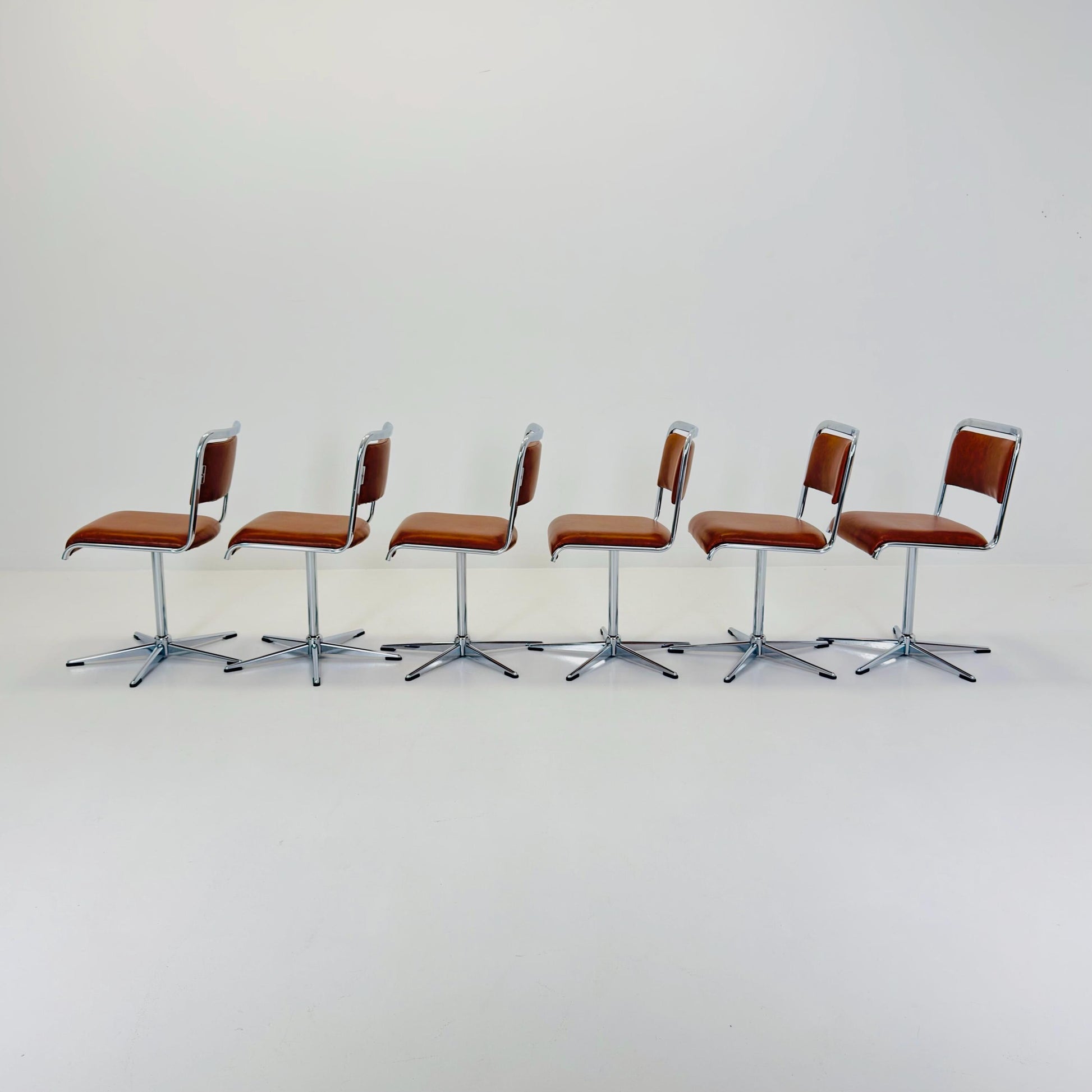 Set of 6 Mid-Century Space Age Swivel Dining Chairs by EKA, Chrome & Brown Leather, Germany 1970s