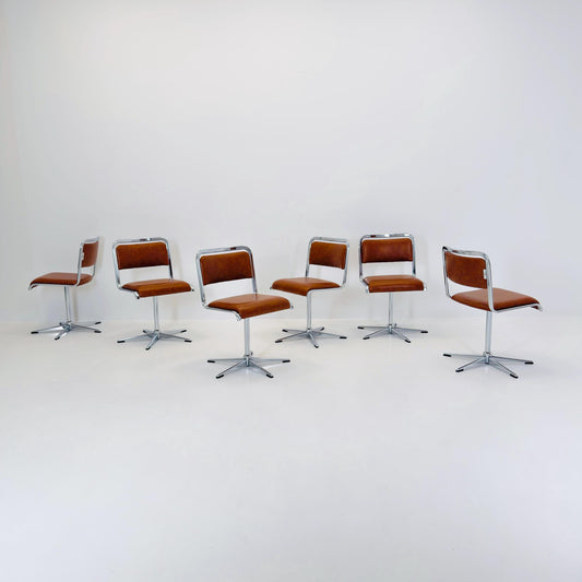 Set of 6 Mid-Century Space Age Swivel Dining Chairs by EKA, Chrome & Brown Leather, Germany 1970s