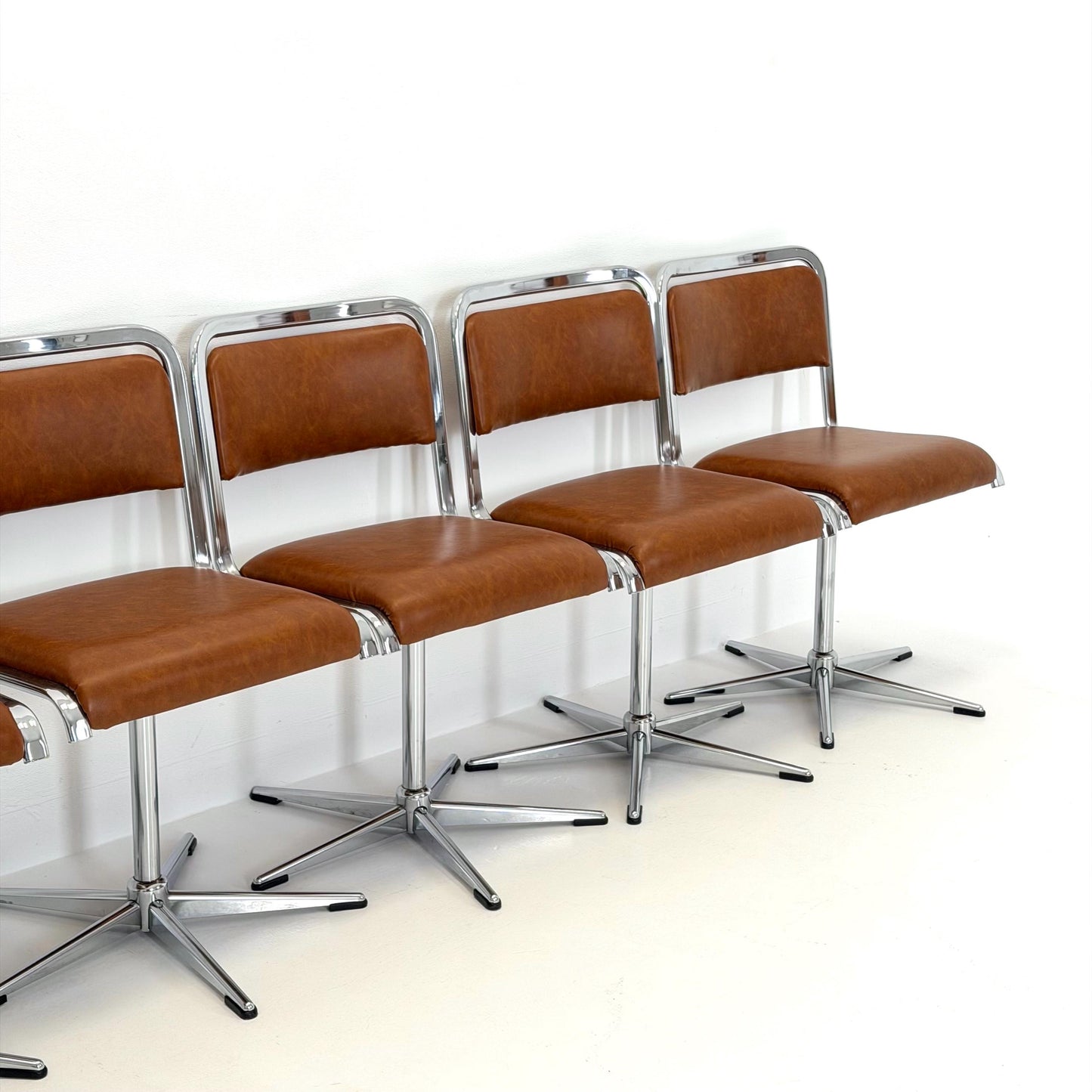Set of 6 Mid-Century Space Age Swivel Dining Chairs by EKA, Chrome & Brown Leather, Germany 1970s