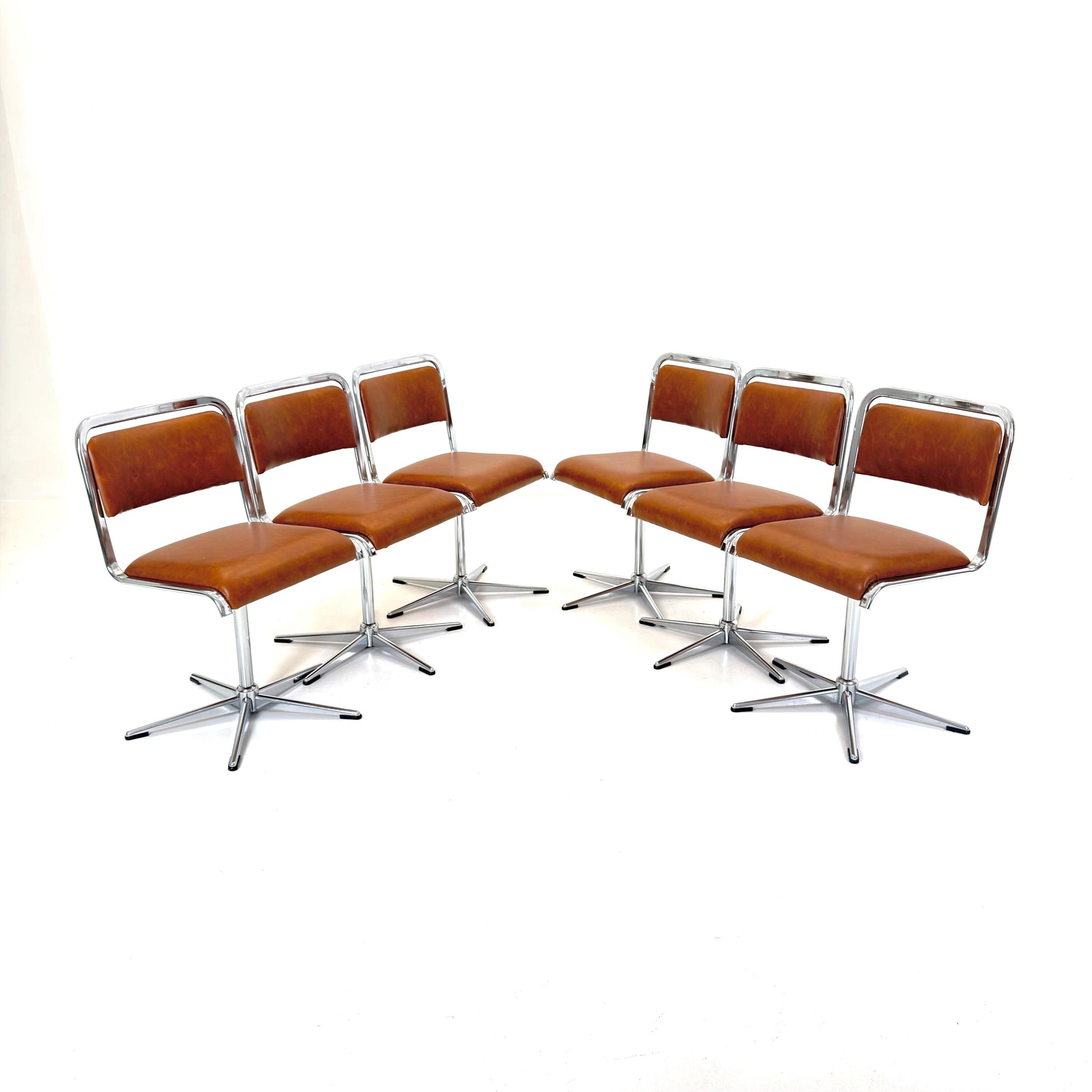 Set of 6 Mid-Century Space Age Swivel Dining Chairs by EKA, Chrome & Brown Leather, Germany 1970s
