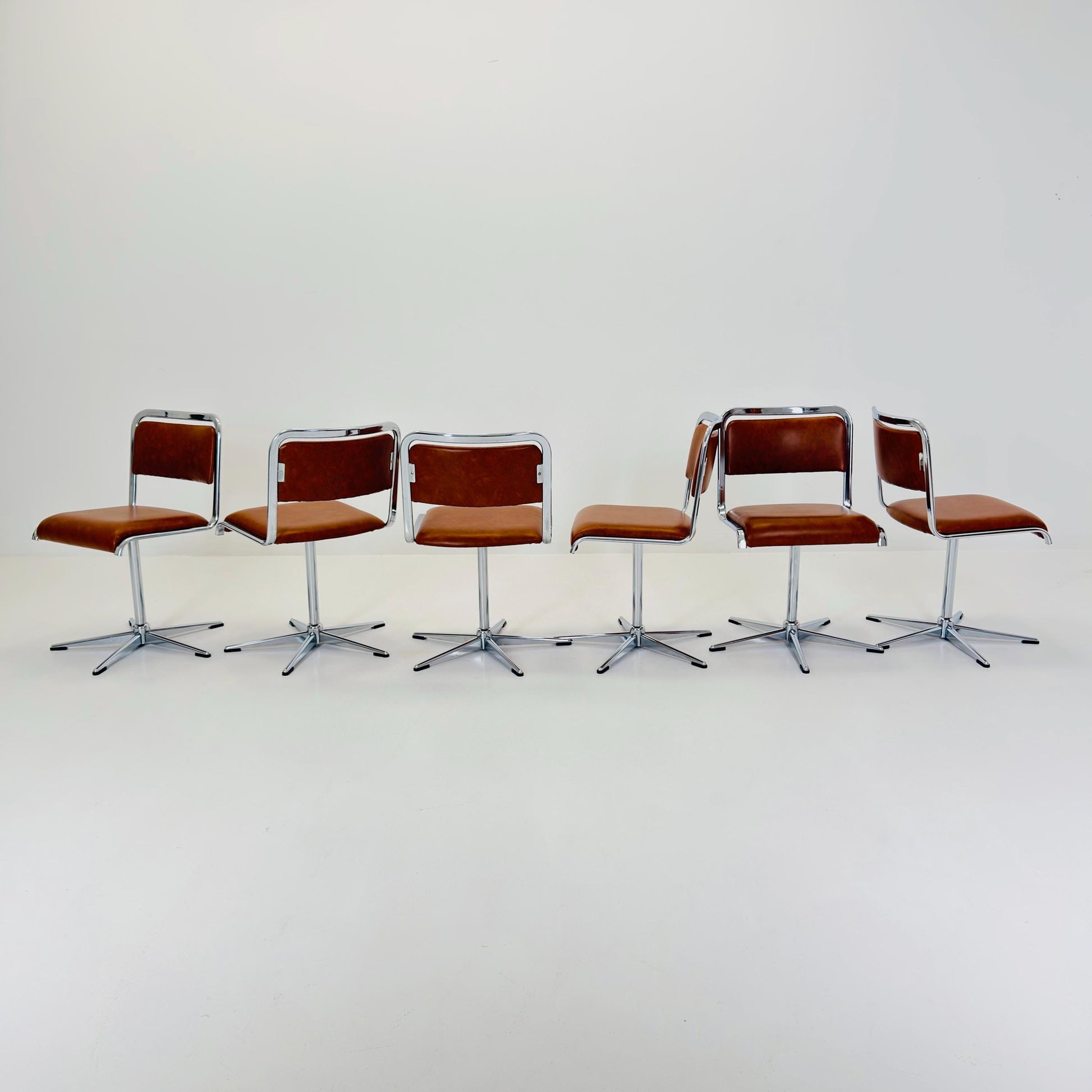 Set of 6 Mid-Century Space Age Swivel Dining Chairs by EKA, Chrome & Brown Leather, Germany 1970s