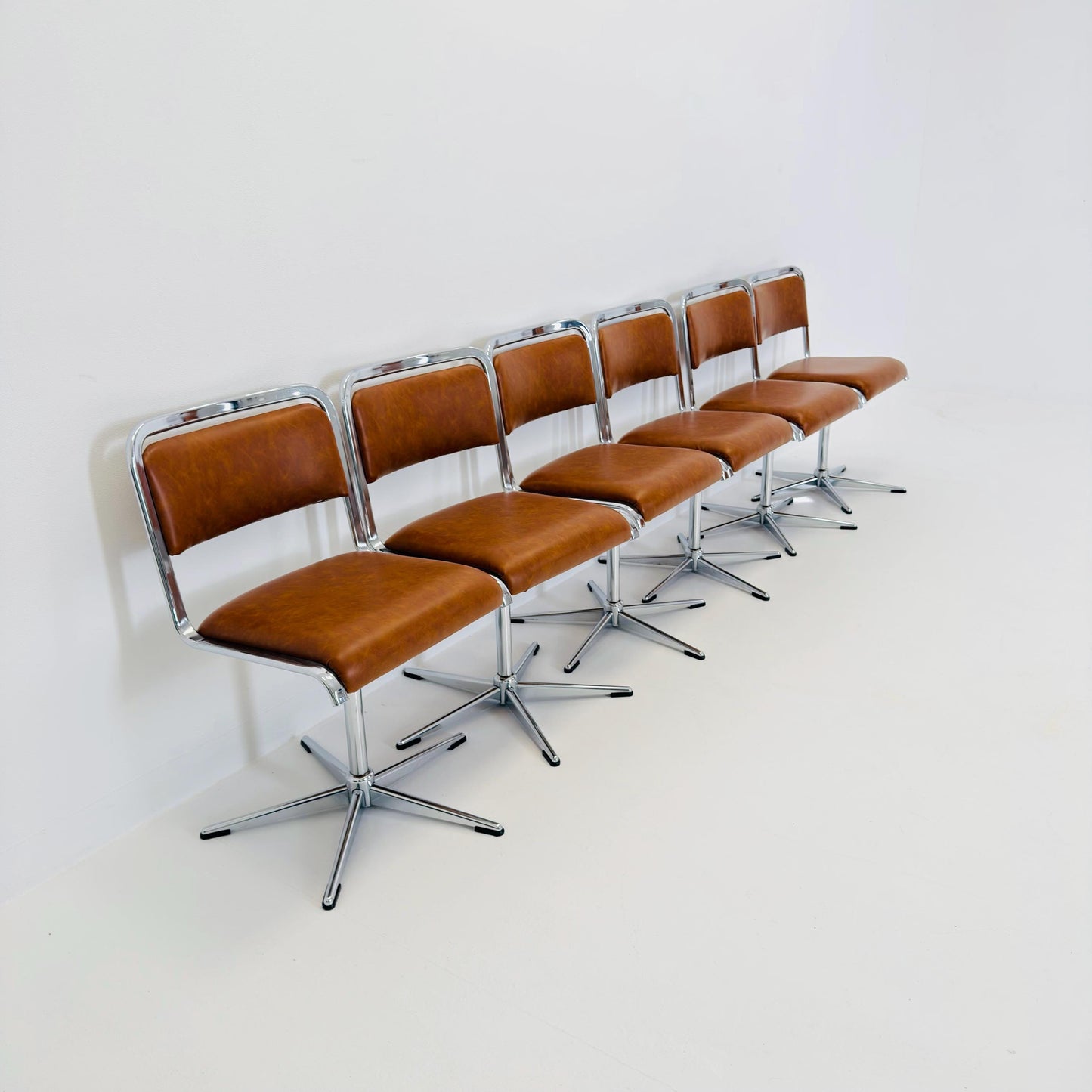 Set of 6 Mid-Century Space Age Swivel Dining Chairs by EKA, Chrome & Brown Leather, Germany 1970s
