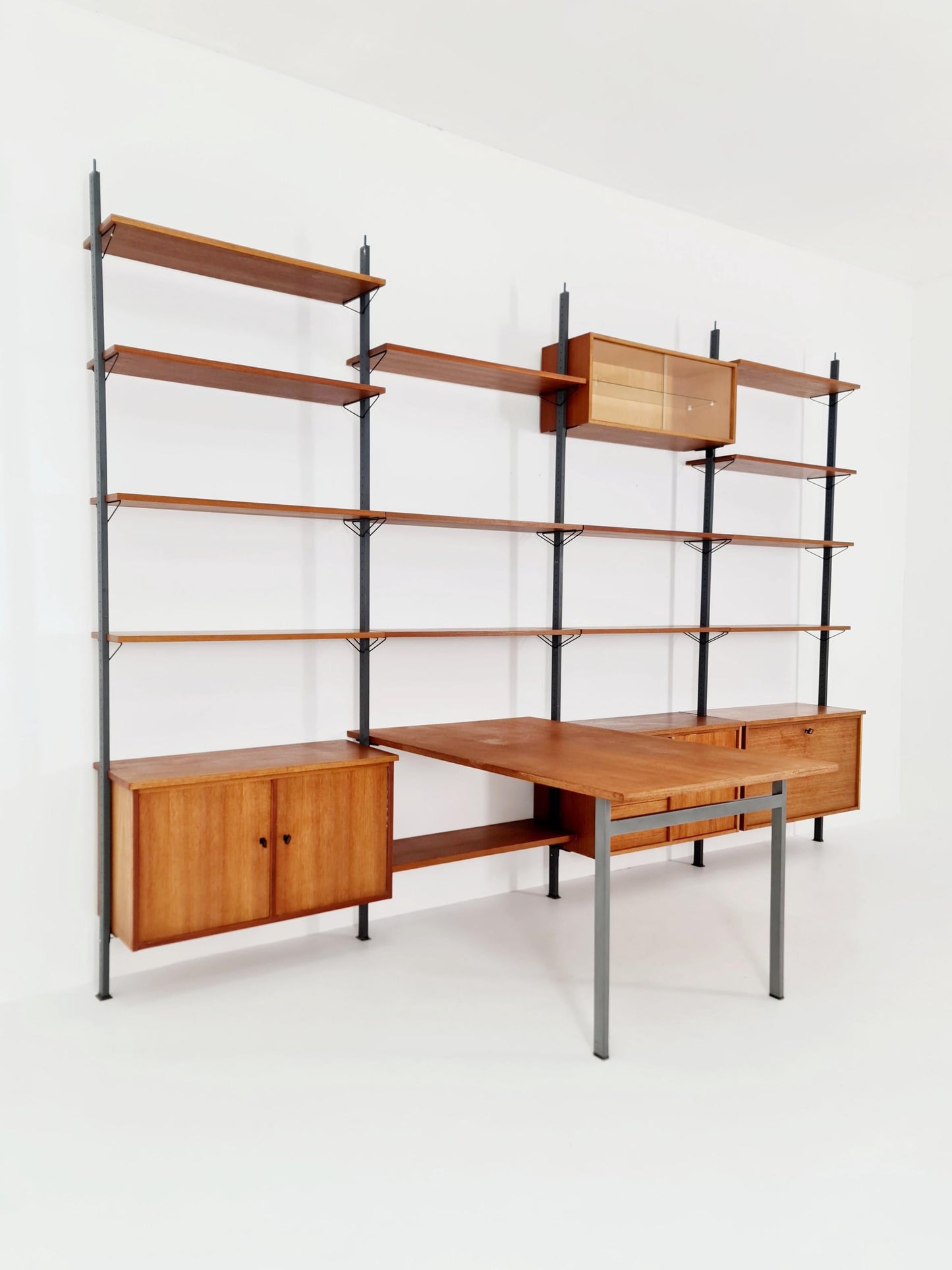 Mid century room divider shelf system EXtra Wide teak & metal by Olof Pira Sweden, 1950s