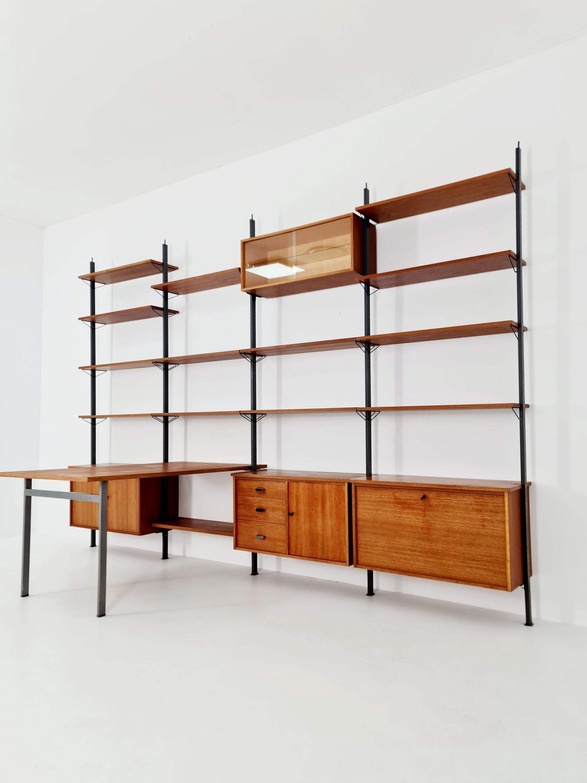 Mid century room divider shelf system EXtra Wide teak & metal by Olof Pira Sweden, 1950s