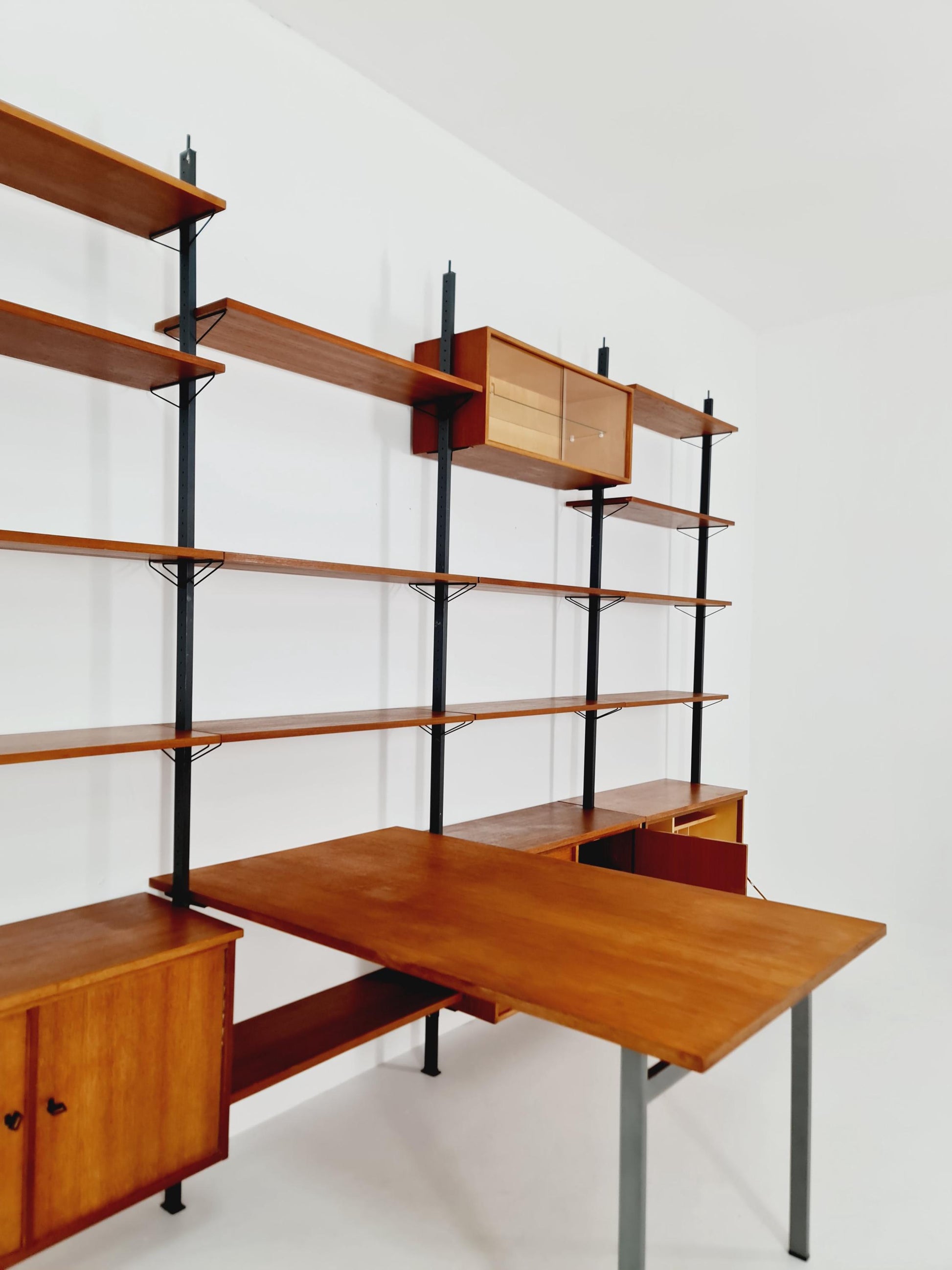 Mid century room divider shelf system EXtra Wide teak & metal by Olof Pira Sweden, 1950s