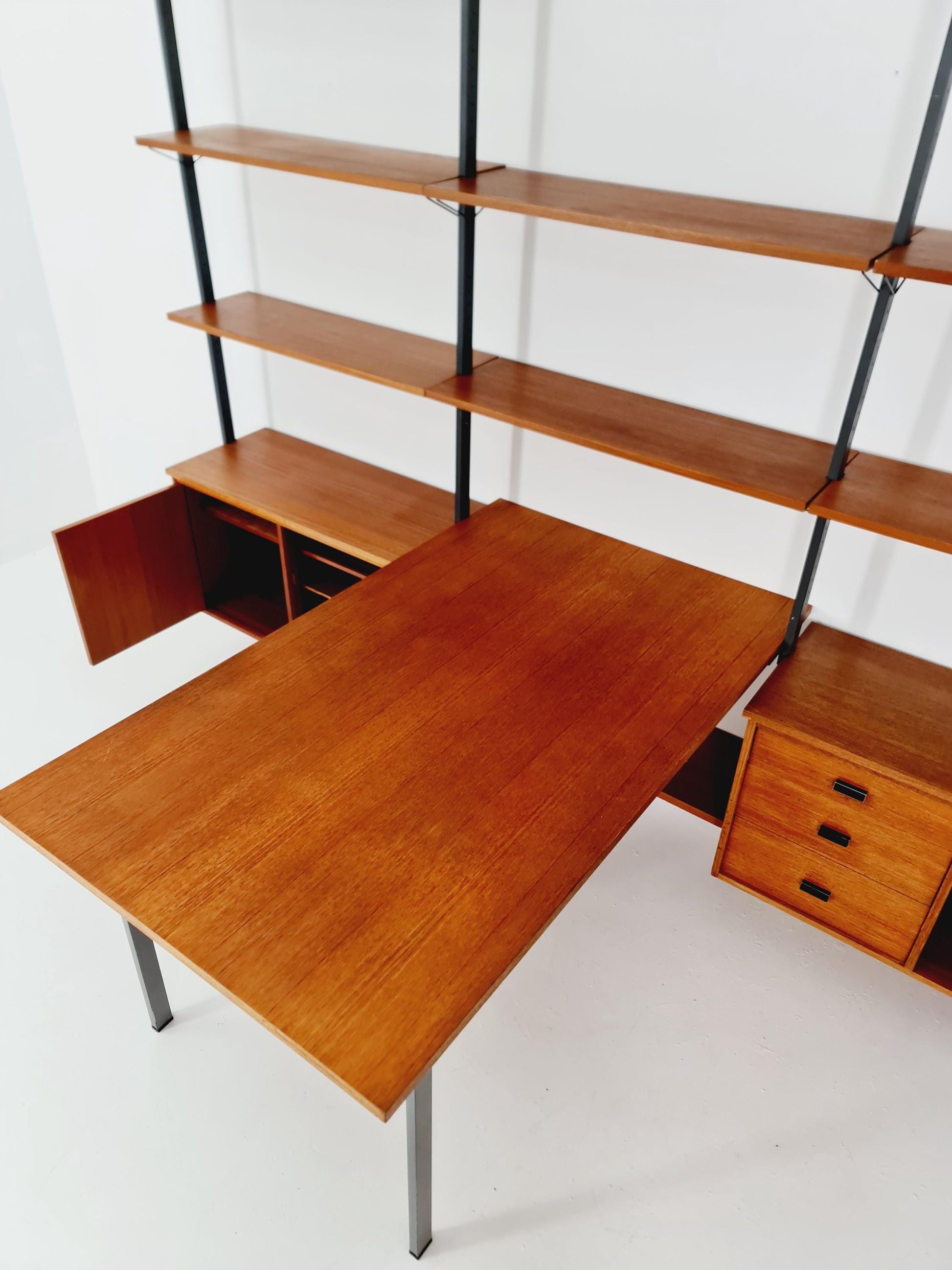 Mid century room divider shelf system EXtra Wide teak & metal by Olof Pira Sweden, 1950s