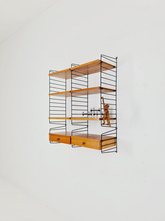 Original MCM Ash shelving systemwith Drawers - consists of Black lacquered metal ladders, from string Stockholm 1960s