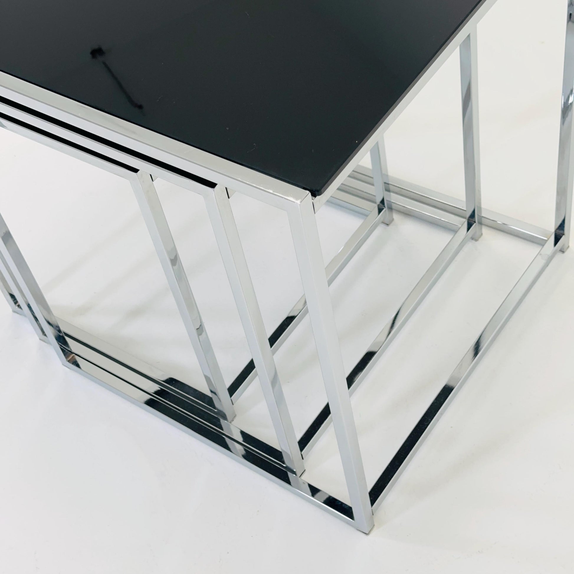 Set of 3 Italian Postmodern Nesting Tables, Black Glass & Chrome Coffee Tables, Milo Baughman Style, 1980s Italy